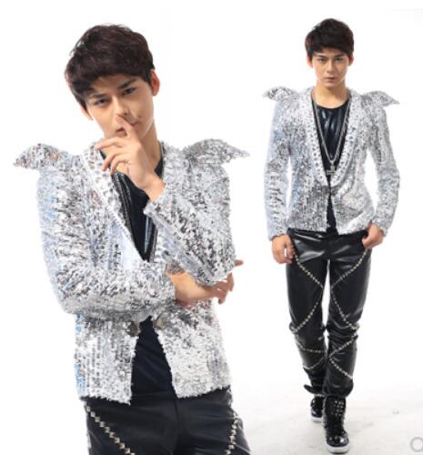 

2020 New Men clothing shrug Sequins Suit Fit Slim Male Korean Sequins Blazer Nightclub Singers Stage Show Dress Jacket Costumes S-5XL, Silver