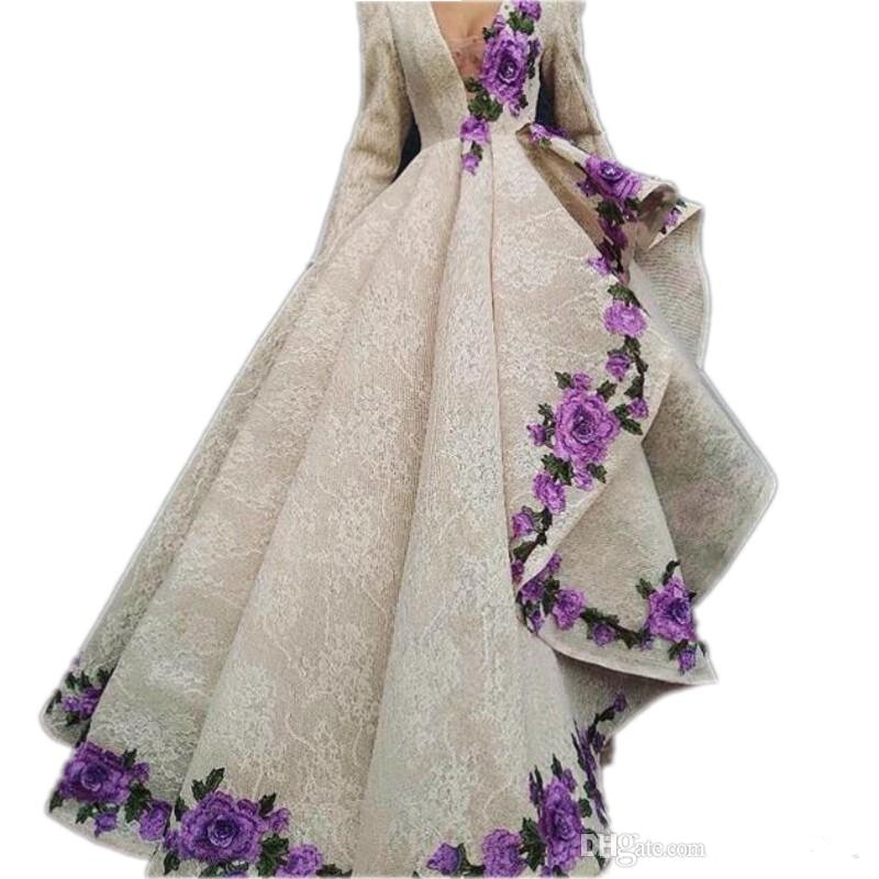 Mode Vintage Robes de bal Champagne Sexy Appliques col en V profond Perles femmes Parti Robes satin Manches longues robes de soirée élégante
