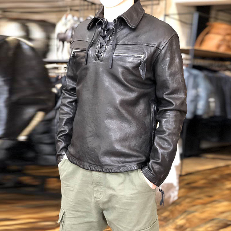 

2020 New Japanese Retro Lapel Casual Genuine Leather Jacket Men Heavy Wash Black Sheep Leather Coats -XXL