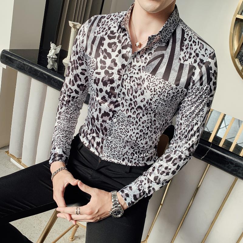 

2020 Autumn Party Club DJ Singer Homem Prom Camisa Masculina Luxury Leopard Print Shirt Men Long Sleeve, White