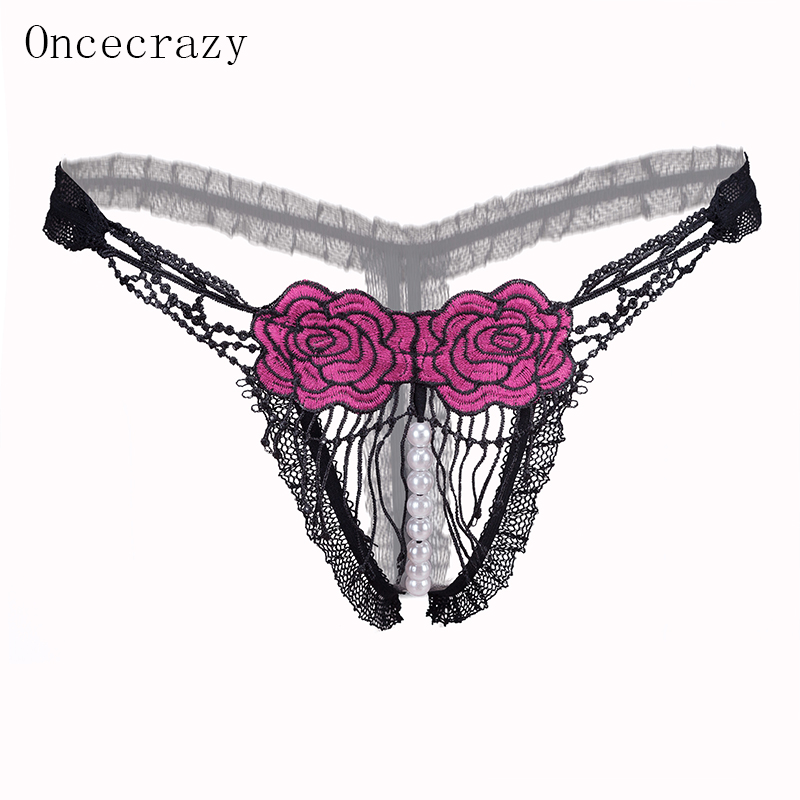 

Sexy Lingerie pearl open crotch embroidery hollow fringe big rose panties ladies transparent temptation low waist fun thin thong, Black