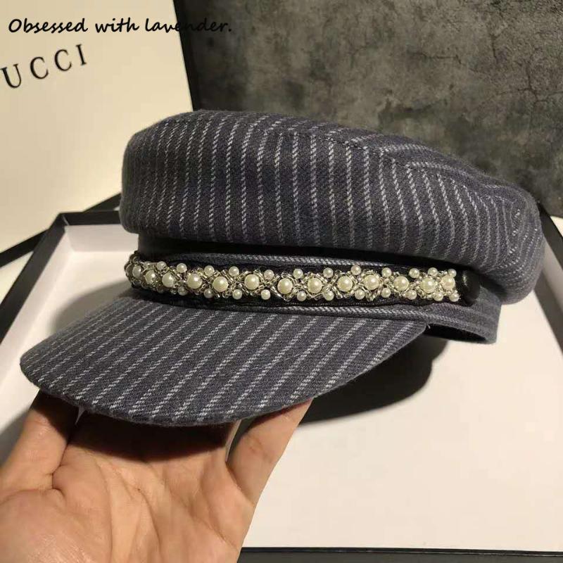 

Hat female spring autumn winter striped Pearl rhinestone Navy Hat Blue England retro octagonal Korean version, 56-58cm