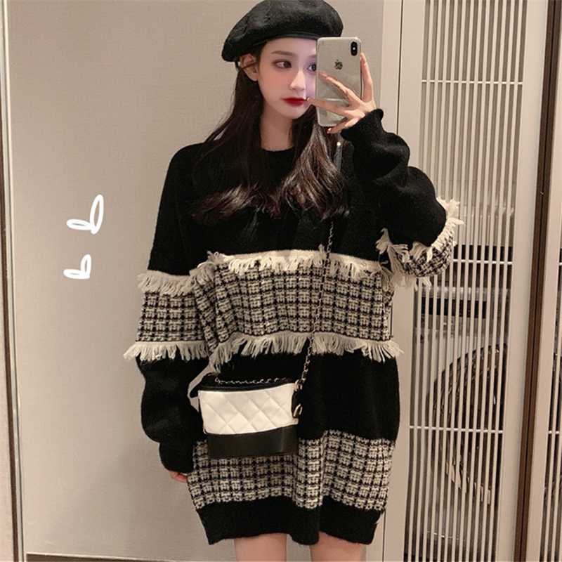 

2019 Autumn Winter Fashion New Small Scent Lazy Wind Long Loose Sweater Ladies Wear Knit Bottoming Shirt Tide H00955, Black