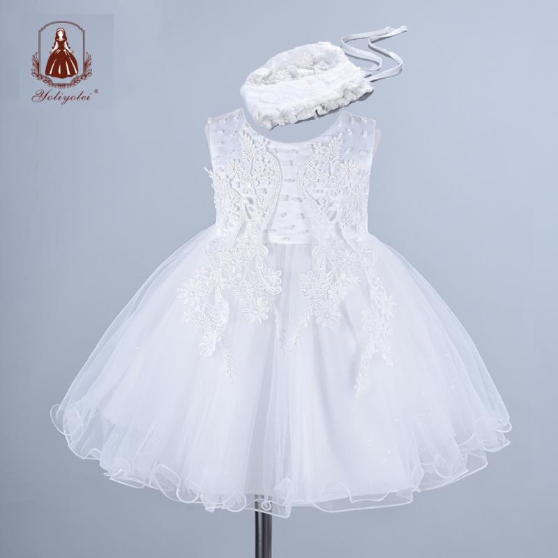 

Yoliyolei Baby Girls Lace Hat Embroidery Dress 1st Kids White Wedding High-end Flower Vestidos Party Princess Girls Clothes, White with hat