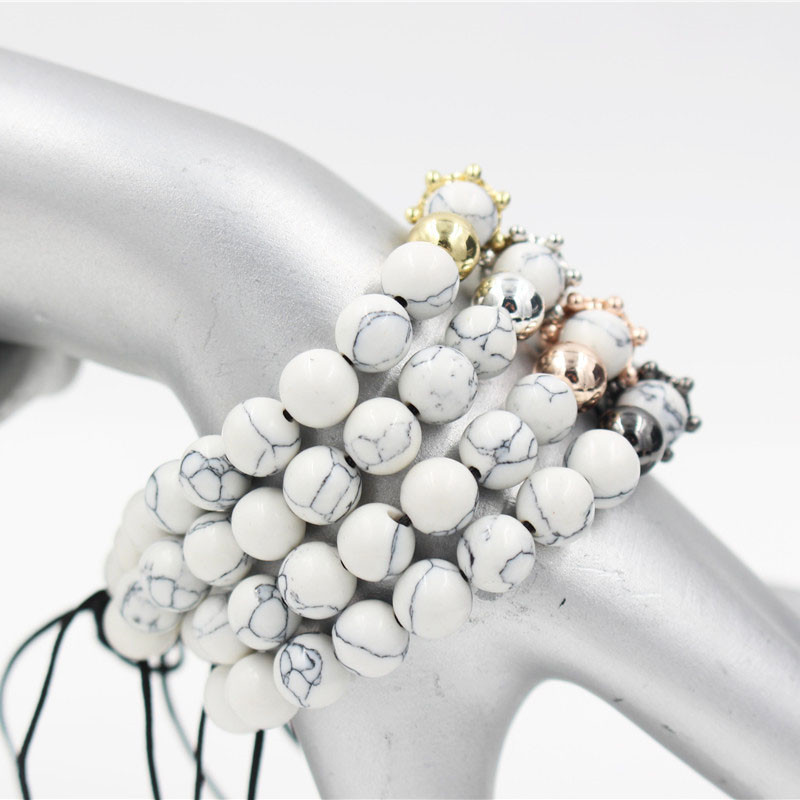 

Charm Bracelets Fashion Women Gold Color Micro CZ Crown Bracelet Braiding Macrame Natural White Howlite Stone Bead Jewelry