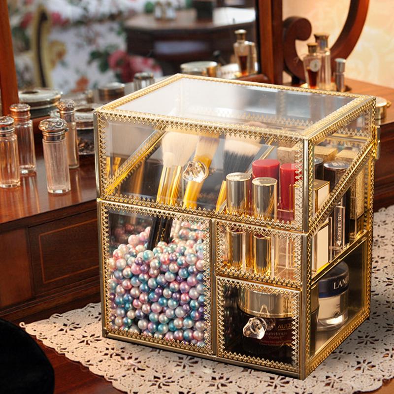 

3 Cells Storage Box Desktop Glass Glass Home Lip Glaze Skin Care Dressing Table Rack With Dust-proof Cover Trapezoid Lipstick St