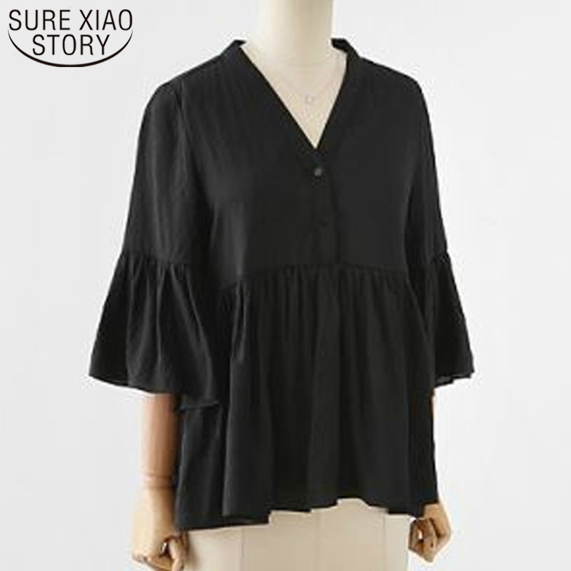 

Flare sleeve V-neck Lady shirt Doll type women top 2019 Large size women's fat solid color blouse top fashion in summer 3606 50, Pink