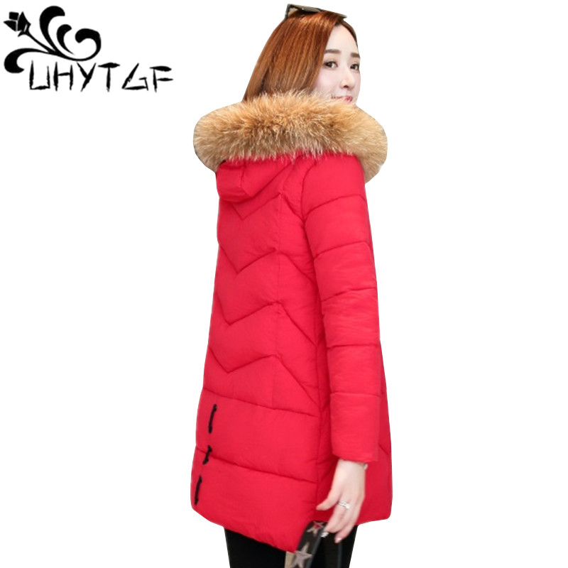 

UHYTGF Parka Women Down jackets Fur collar Hooded Coat Winter Female Thicken Warm Long Jacket Cotton Padded Jackets Outwear 135, Black
