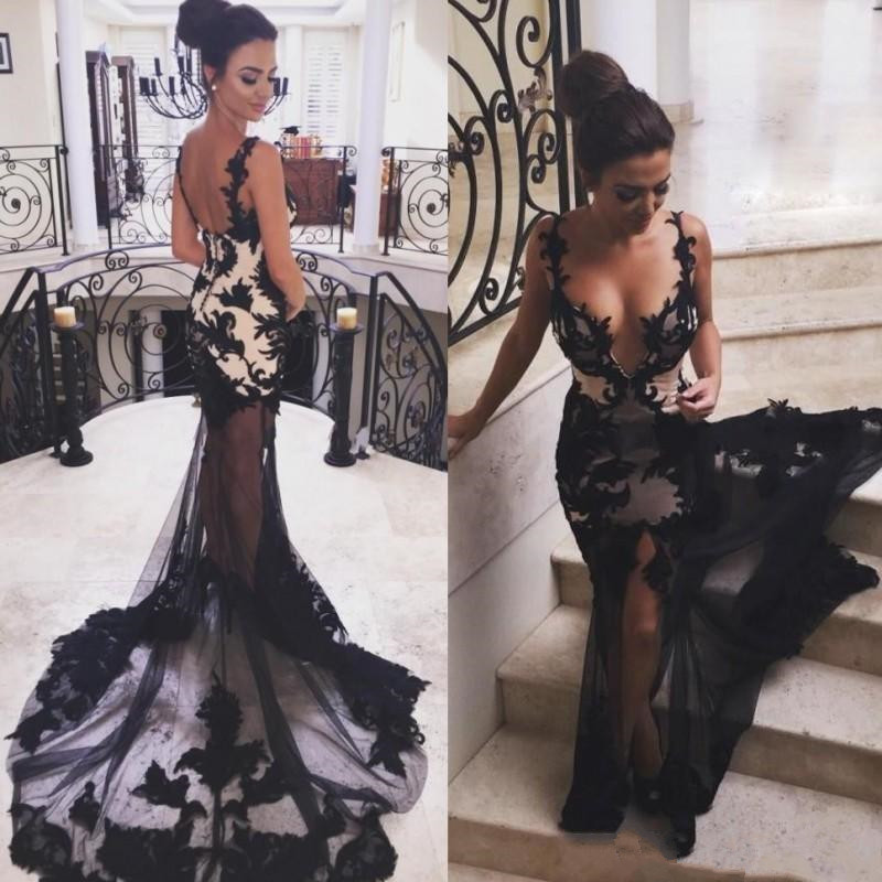 

Sexy Black Lace Mermaid Evening Dresses Sheer Deep V Neck Side Split Prom Gowns Sweep Train Tulle Plus Size Appliqued Formal Dress, Silver