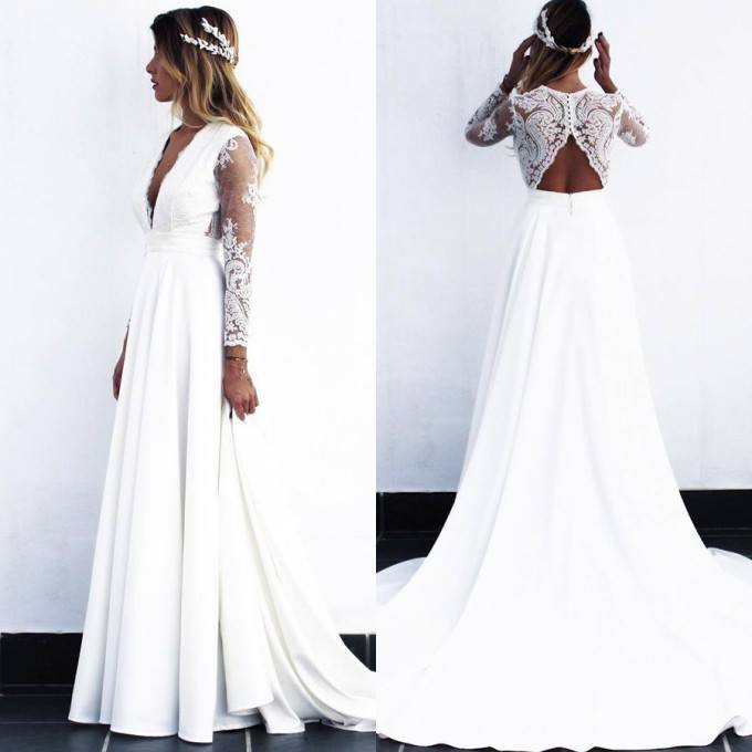 

2019 New Lace Wedding Dresses White/Ivory A Line Long Sleeve Boho Bridal gown Beach V Neck Plus Size Wedding Gow Custom Made