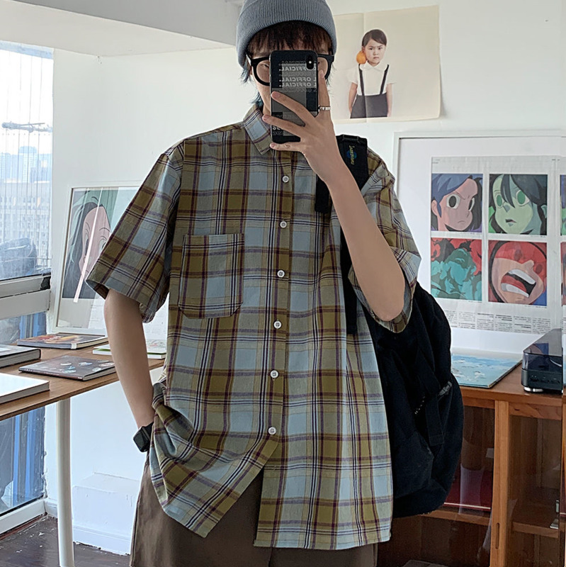 

2020 Summer New Youth Popular Japanese Men's Loose Color Grid Five-point Sleeve Shirt Fashion Casual Wild Shirt Jacket -XL, Yellow