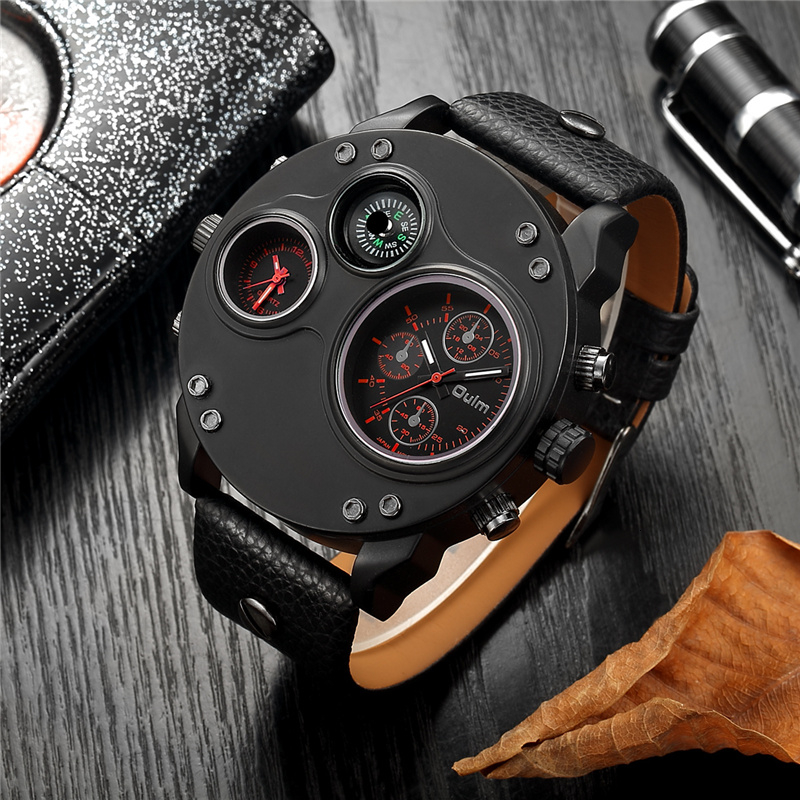 

Oulm Unique New Sport Watches for Men Luxury Brand Casual PU Leather Military Watch Male Decorative Compass Quartz Clock Man LY191213, B lu