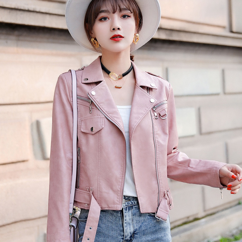 

Women Faux Leather short jacket pure color outwear ladies spring autumn surcoat fashion slim-fit washable PU upper outer garment motorcycle coats with belt, Black