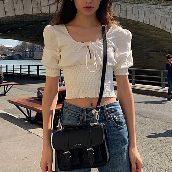 

Women Chic Top White Puff Sleeve Bandage Square Neck Shirt Solid Short-sleeved Summer Blusas Mujer Casual Crop Top Women Elastic