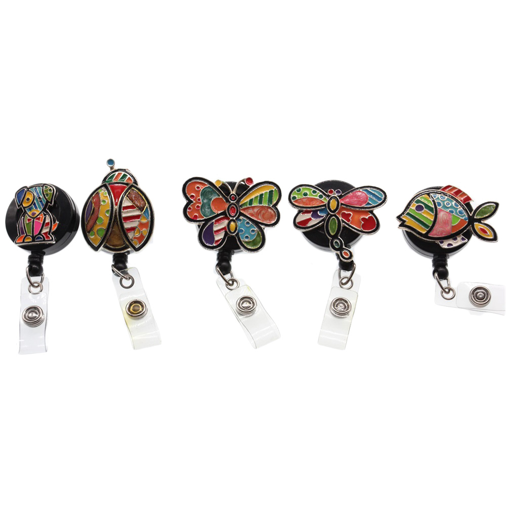 

5pcs/lot Animal Shape Retractable Badge Reel Enamel Fish Dragonfly Dog Ladybug Badge Holder For Nurse Student Staff Teacher