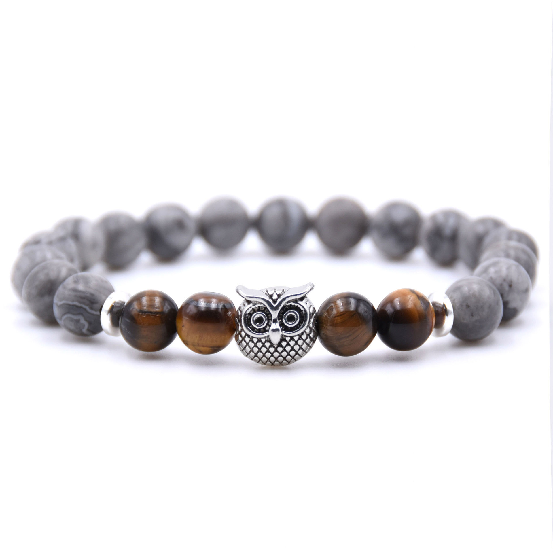 Bracelet de brin de perle naturelle de conception classique 8MM bracelets de charme de hibou en alliage plaqué argent antique