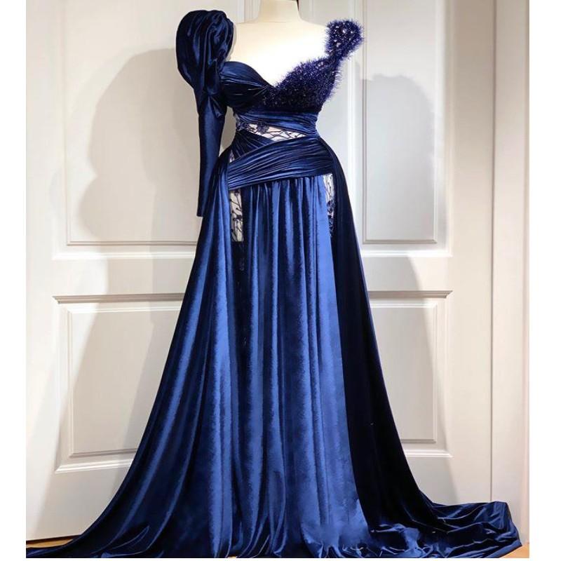 

Velvet Navy Blue Prom Dresses With Lace Sweetheart Long Sleeve Arabic One Shoulder Evening Dress Formal Women Gowns, Red
