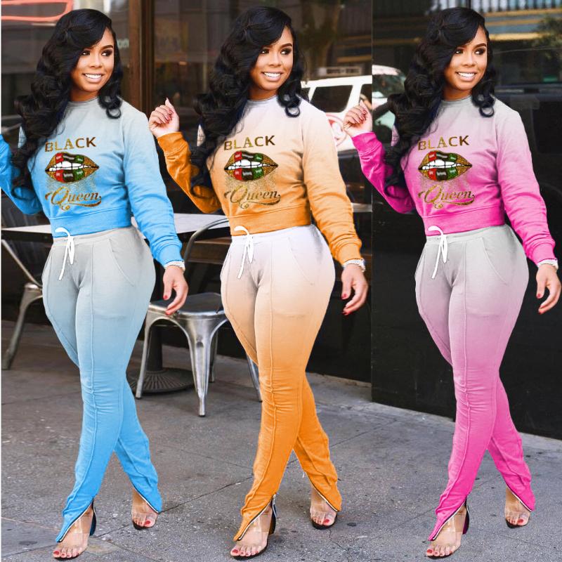 

18AC8200 Autumn Women Casual Two Piece Set Top and Gradients Lips Letter Print Full Length, Pink