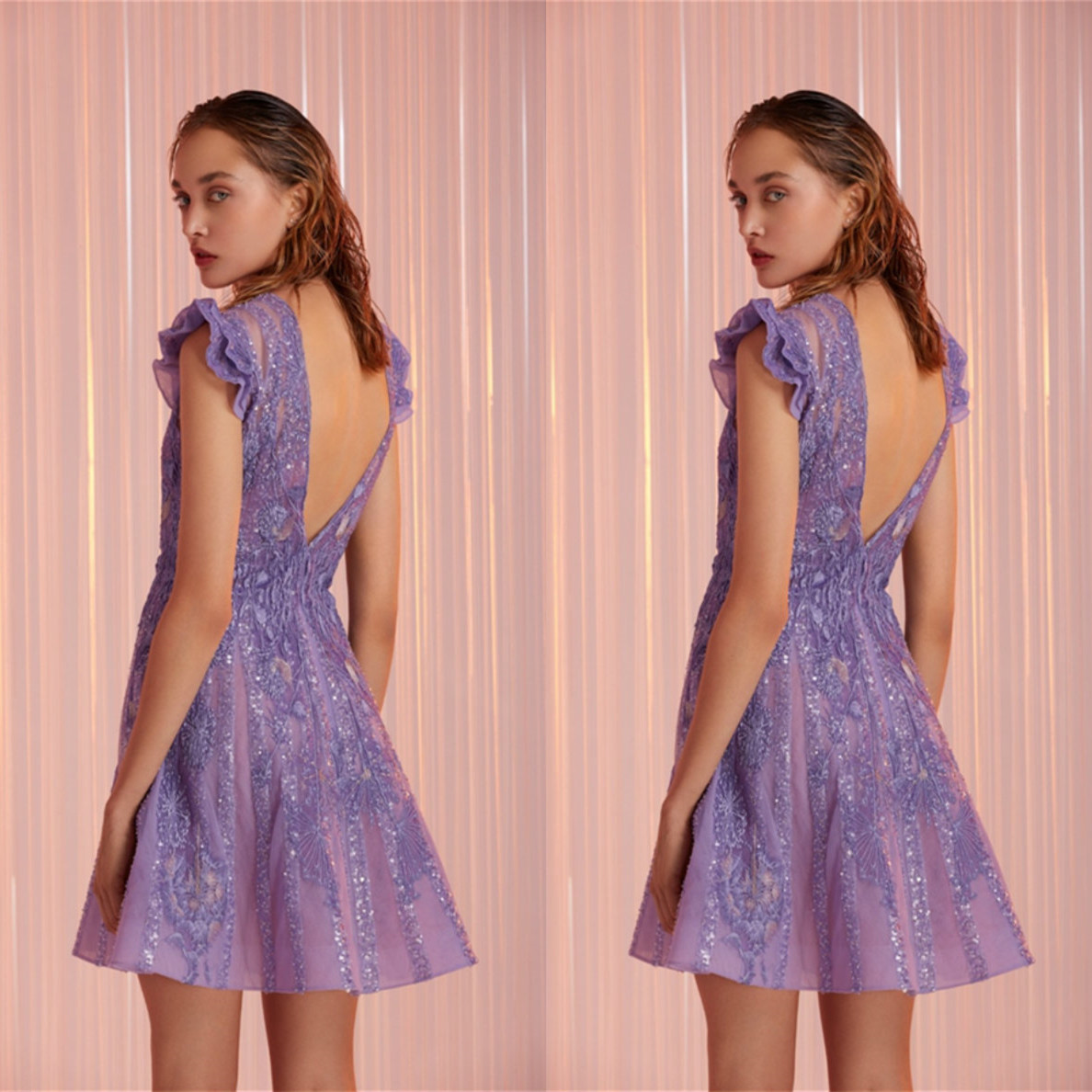 

2020 Fashion Evening Dresses Sexy V Neck Backless Lace Appliques Sequins Prom Gowns Custom Made Sweep Train Special Occasion Dress, Nude