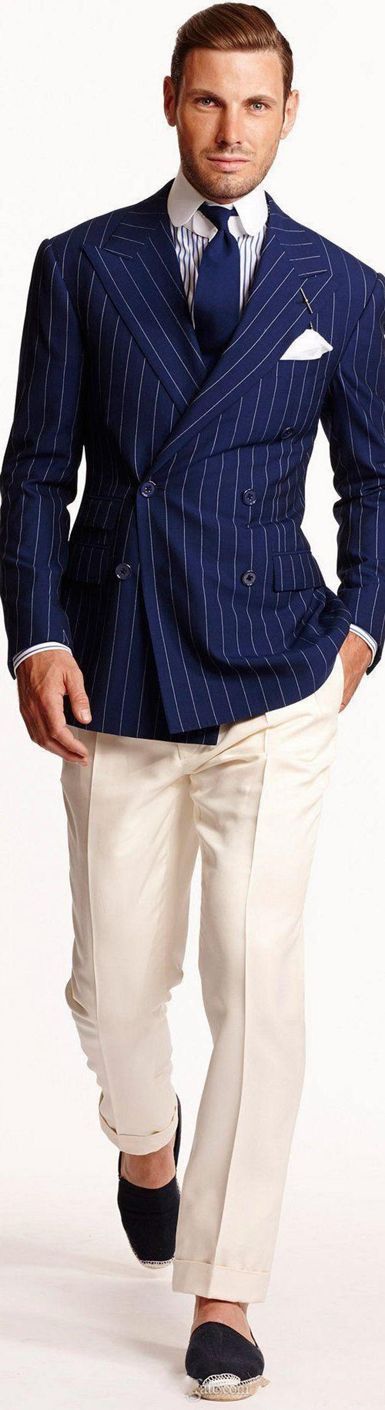 

New Popular Double-Breasted Blue Strips Wedding Men Suits Peak Lapel Two Pieces Business Groom Tuxedos (Jacket+Pants+Tie) W1238, Same as image