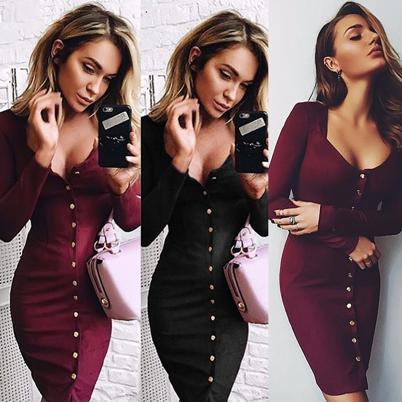 

Fation Bodycon Sheath Dress Long Sleeve Party Dresses Women Clothing Back Full Button Robe Sexy Femme Pencil Tight Dress, Black