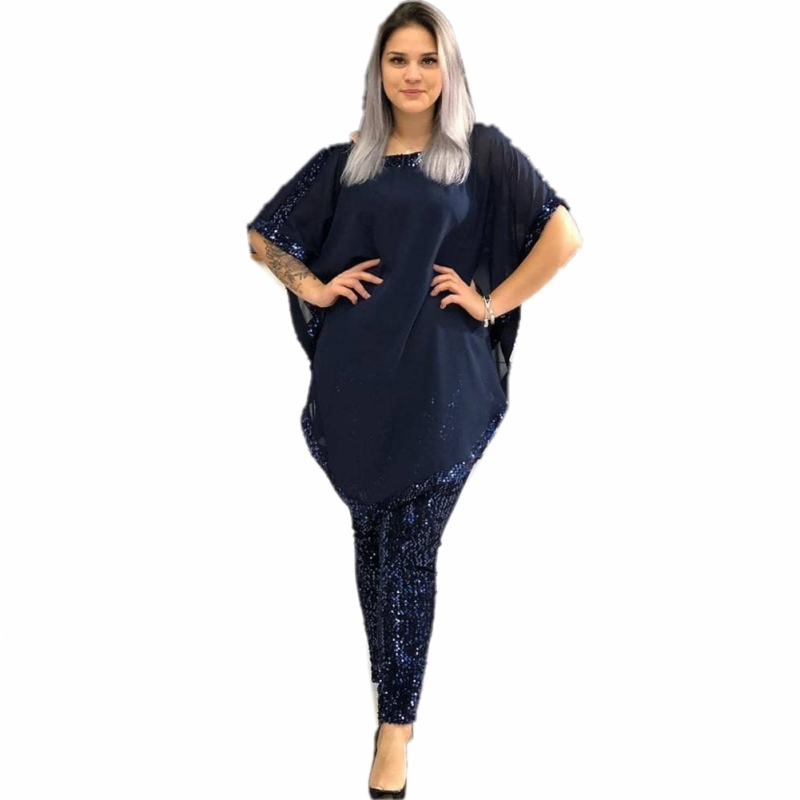 

African Sets For Women 2020 Sequined African Elastic Bazin Baggy Pants Rock Style Dashiki Sleeve Famous Suit For Lady
