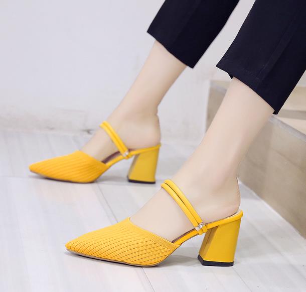 

Net red Baotou one shoe two sandals women 2020 summer new style pointed toe thick heel knitted high-heeled slippers female half drag, Yellow