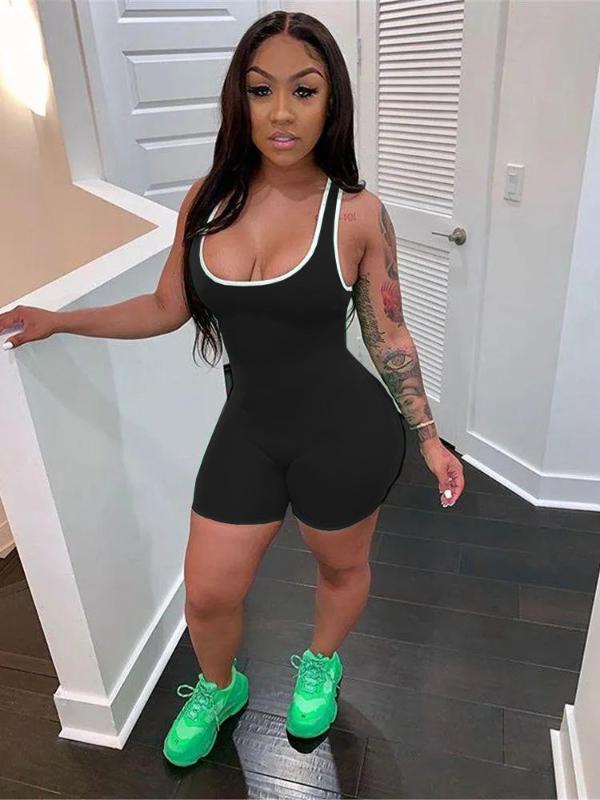 

Fitness Biker Playsuits for Women Summer Sexy Sleeveless Strap Bodycon Romper Tracksuit Sexy Yoga Set Women Skinny Playsuit, Black