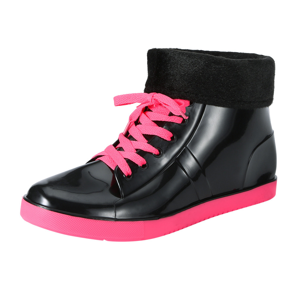 

Winter Warm Rain Boots Women Waterproof Casual Non-slip Rain Boots Short Ankle Lace Up Shoes Rain Boots Women, Black