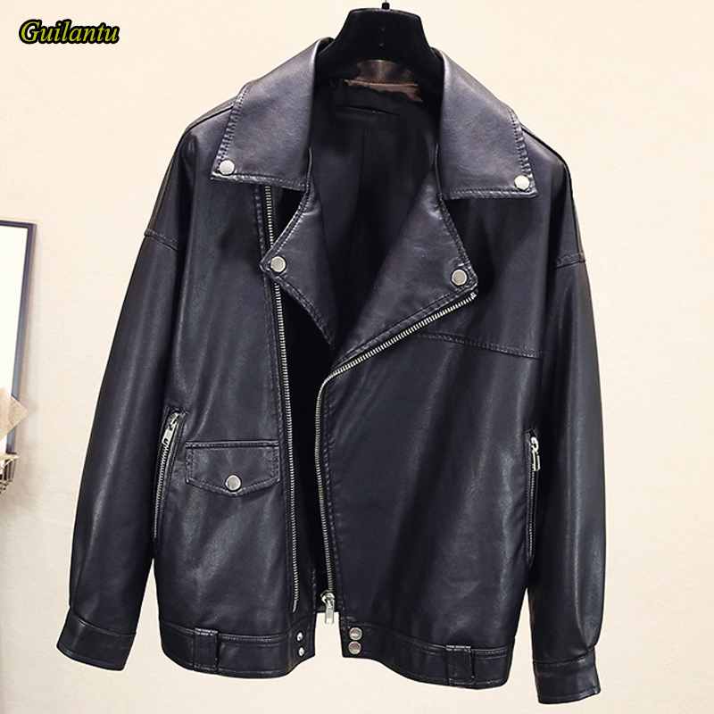 

Guilantu Women Faux Pu Leather Motorcycle Biker Coat Turn-down Collar Zipper Plus Size Loose Black Streetwear Jacket Female, Beige