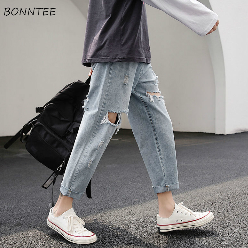 

Jeans Men Holes Ankle-length Chic Casual Harajuku Hip Hop Males Denim Trousers Streetwear Oversize 3XL Loose Vintage Fur-lined, Black