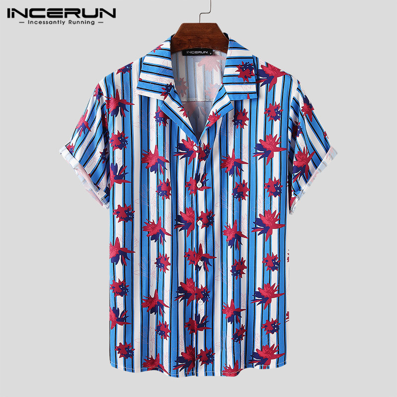 

INCERUN Men' Hawaiian Shirt Printing Short Sleeve Lapel Beach Casual Breathable Summer Streetwear Camisas 2020 Vacation Blouse, Black