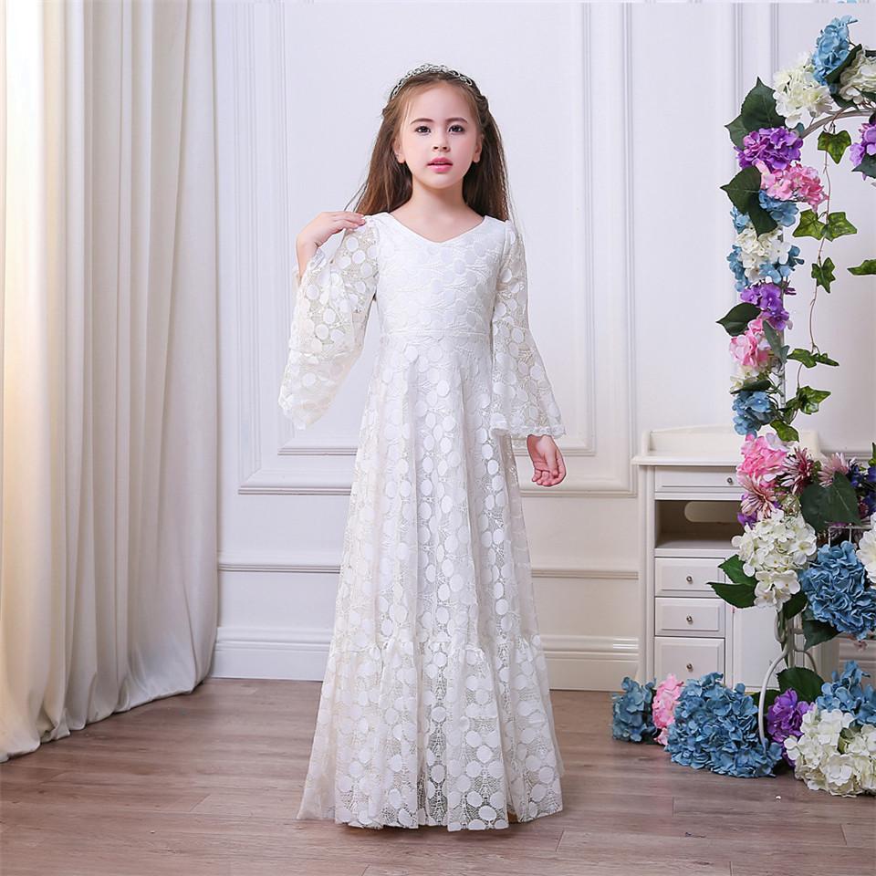 

Ivory White Long Sleeve V-Neck Lace Dress First Holy Communion Birthday Party Flower Girl Dress For Wedding, Blue
