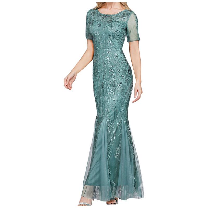 

JAYCOSIN Women Embroidered Mesh Gauze Fishtail Short Sleeve Evening Fishtail O-Neck Floor-Length Dresses Woman Party Night Mar, Mint green