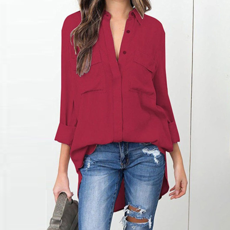 

Women Blouse Tops Lapel Long Sleeve Shirt Loose Pocket Solid Color Buttons Autumn Ladies Streetwear Long Irregular Shirts, Red