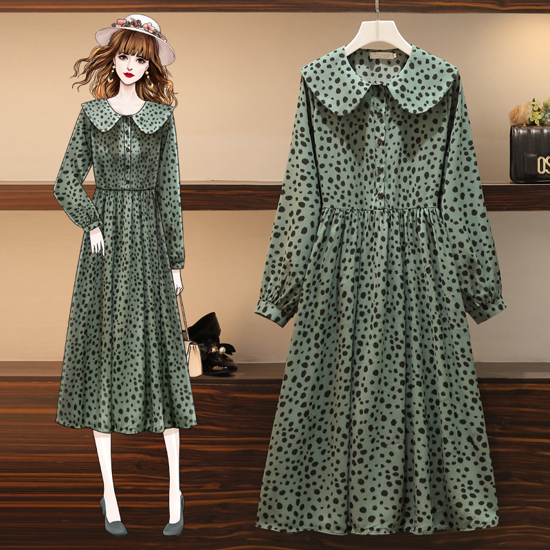 

XL-5XL Plus Size Women Polka Dot Print Chiffon Dress Spring 2020 Cute Peter Pan Collar Long Sleeve High Waist Loose Midi Dresses, Black;gray
