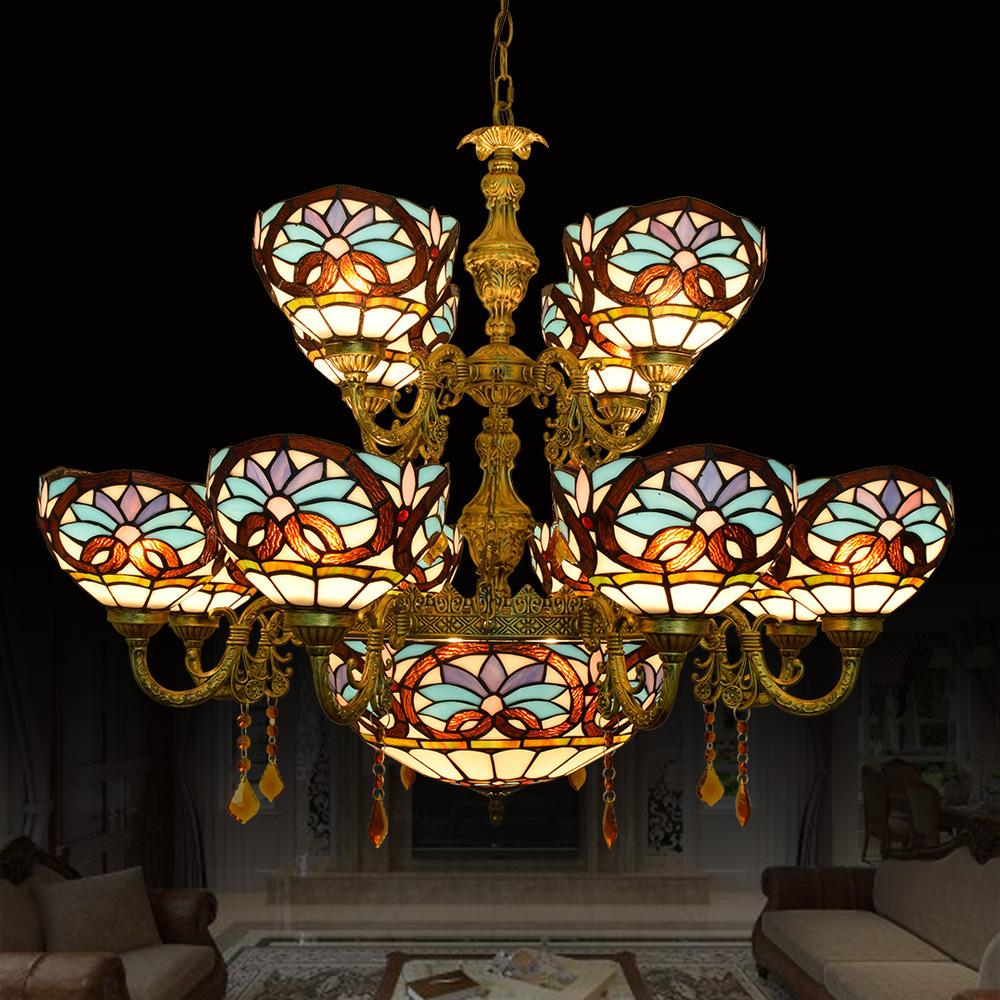 

High-end Tiffany lamps bar living room chandelier lamp European retro Mediterranean new large chandelier villa dining room chandelier