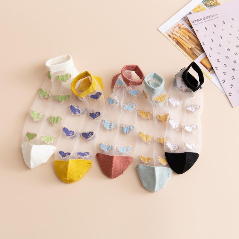 

5Pairs/lot Summer Ruffles Socks Women Cute Harajuku Silk Socks Korean Breathable Transparent Heart Funny Ankle Sock Happy, Flowers