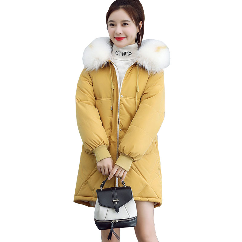 

2019 New Autumn winter Medium length Hooded Women parka Solid zipper Long sleeve Thick Outwear Coat Jacket Fashion Cotton, Yellow