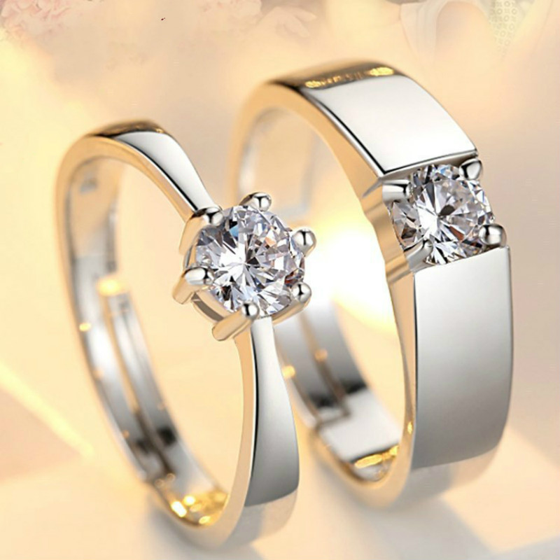 

Korean fashion open men and women couple ring couple engagement ring live mouth four prong inlaid zircon shiny wedding jewelry