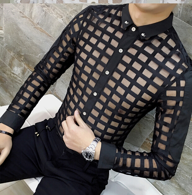 Casual Shirt for Men Fashion Lace See Through Plaids Shirts Male Shirt Clothing Clothes Tops for Man Single Breasted Free Shipping