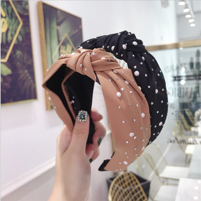 

Fashion hair accessories women solid color hot diamond pearl knotted wide-brimmed headband headband wild girl hair band headwear