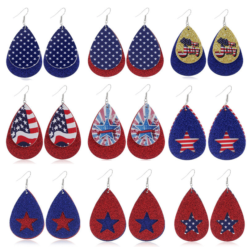 Drapeau américain modèles d'impression étoile StripesVegan cuir Teardrop Boucles d'oreilles pour les femmes Deux couches Waterdrop Independence D