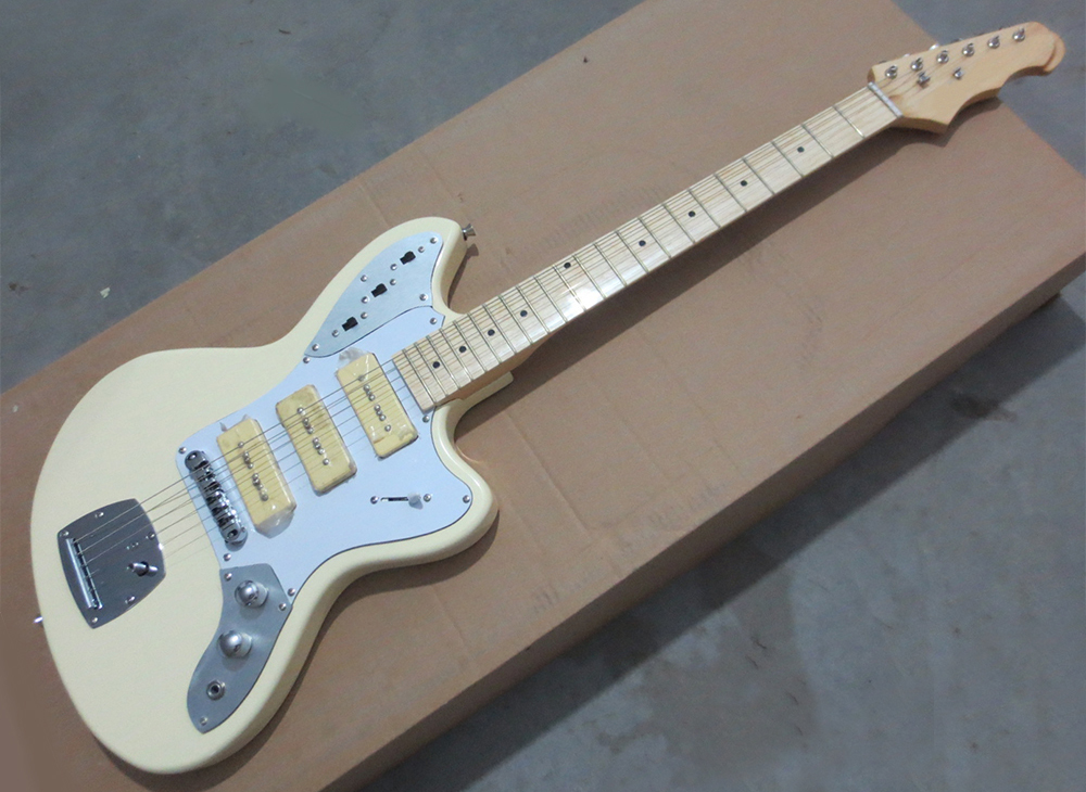 

Factory Wholesale Cream Electric Guitar with P90 Pickups,White Pickguard,Maple Fretboard,Can be customized as reques