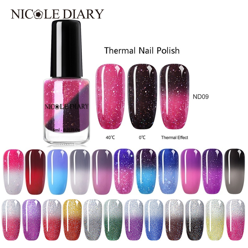 

NICOLE DIARY Thermal Nail Polish Glitter Temperature Color Changing Water-based Varnish Shinny Shimmer Peel Off Nail Lacquer, Water based top coat