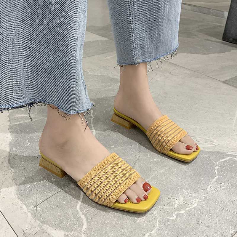 

Summer Low Heel Slippers Women Knit Slippers Wood Heel Open Toe Slides Women Stretch Fabric Breathable Flat Sandals 2020, Black
