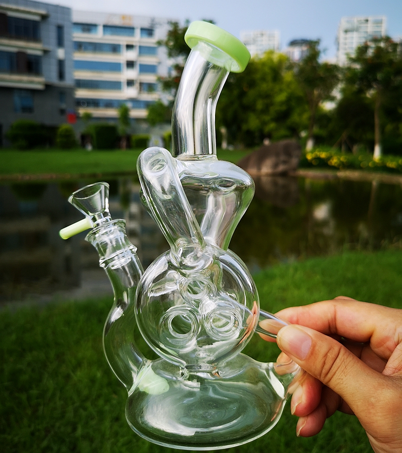 

Double Recycler Oil Dab Rig 9 Inch Slitted Donut Perc Glass Bong Torus Water Pipe Green Purple Hookahs XL324