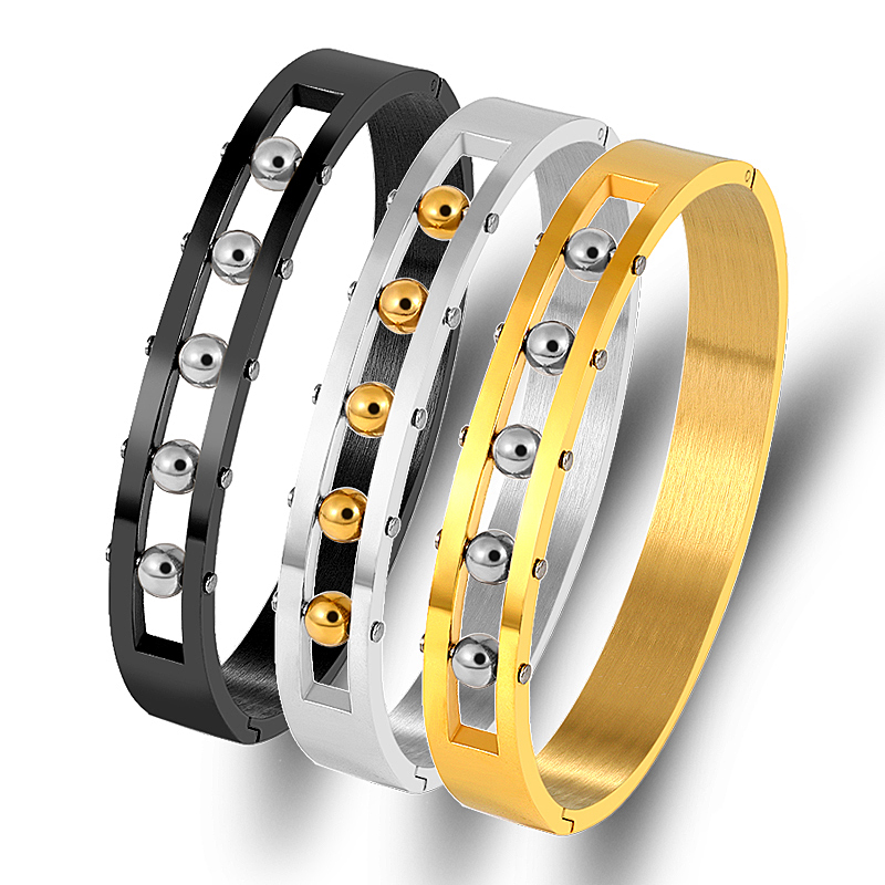 

Stainless Steel Hollow Bead Bangles Bracelets for Women Men Black Silver Gold Color Width Bangles Punk European Jewelry