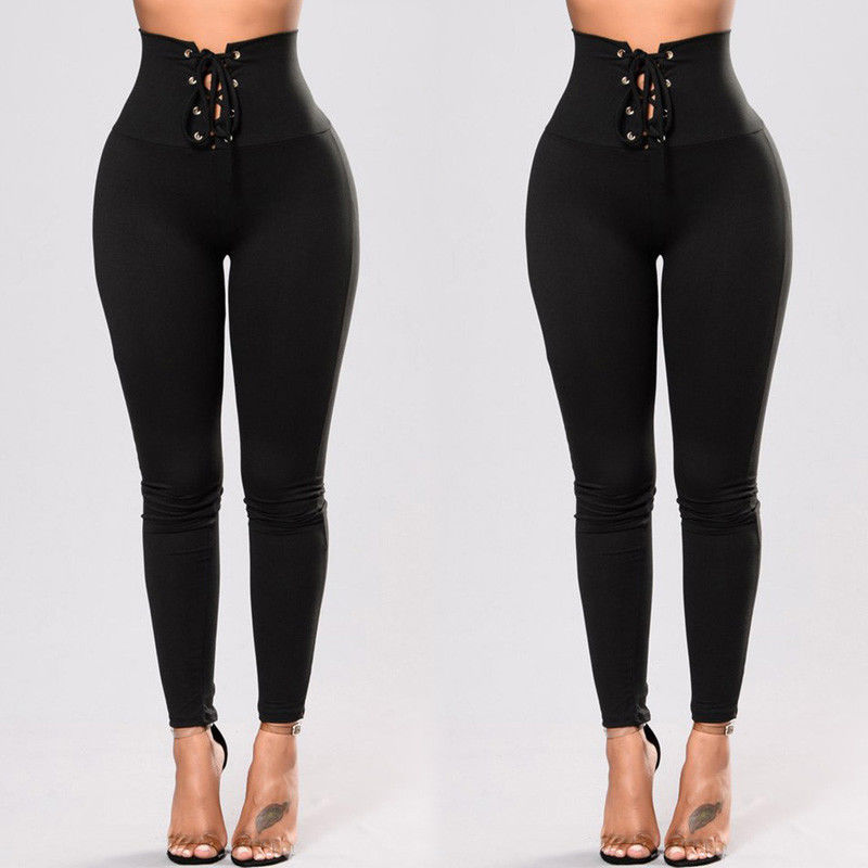 

New Europe Women's Yoga Pants Lace Up High Waist Tracksuit Sports Pants Lady Bodycon Slim Pencil Trousers C4062, Black;white