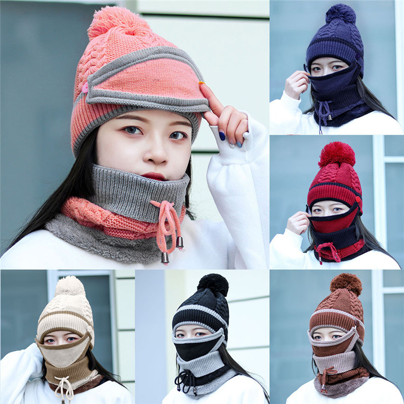 

3Pcs Woman Winter Warm Crochet Knit Hat Plus Thicken Beanie Cap+Scarf+Mask Knit Windproof Cap Solid Set #40